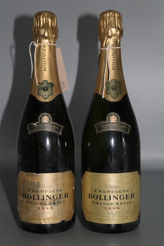 2 bottles Bollinger, Grande Annee  champagne 1988 and 1989